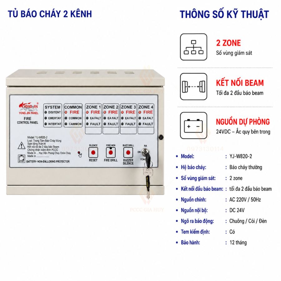 Tủ trung tâm báo cháy 2 kênh Yongjin YJ-W820-2–đầu báo beam