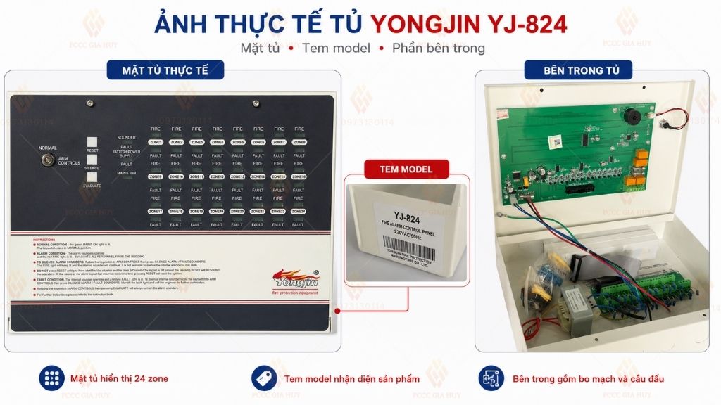 Ảnh thực tế bên trong tủ báo cháy 24 kênh Yongjin YJ-824 và tem model
