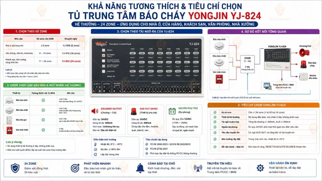 khả năng tương thích và tiêu chí chọn tủ báo cháy 24 kênh yongjin YJ-824