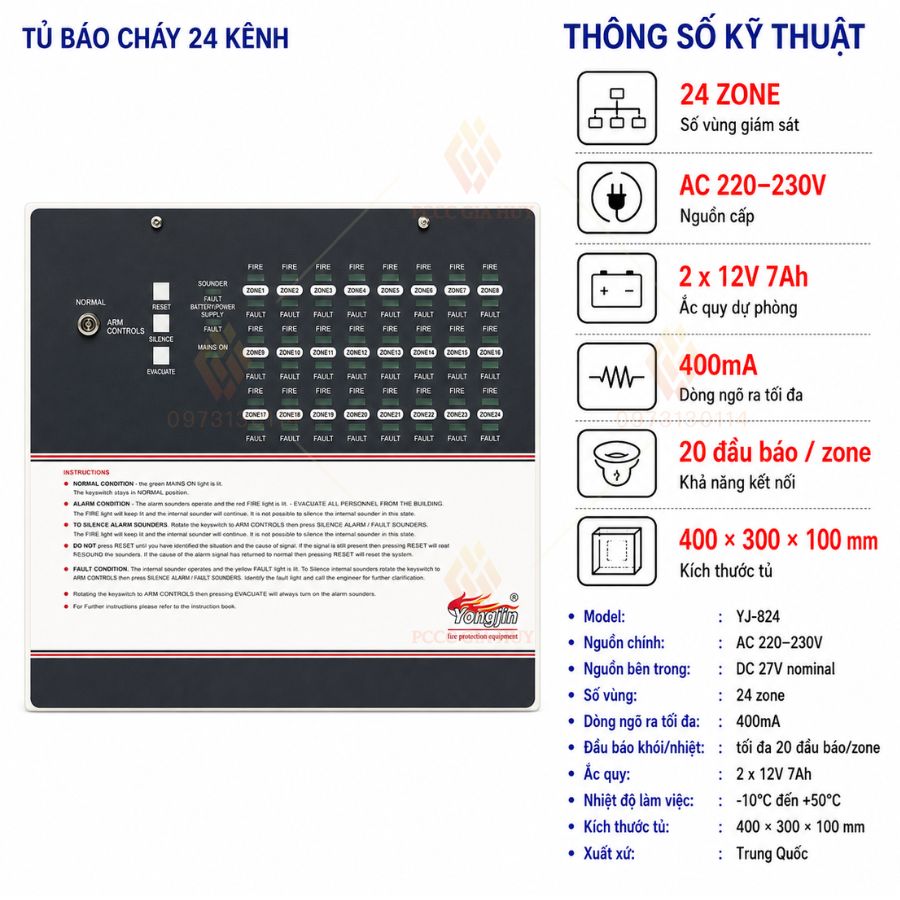 Tủ trung tâm báo cháy 24 kênh Yongjin YJ-824