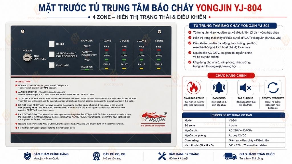 Mặt trước tủ trung tâm báo cháy 4 kênh Yongjin YJ-804