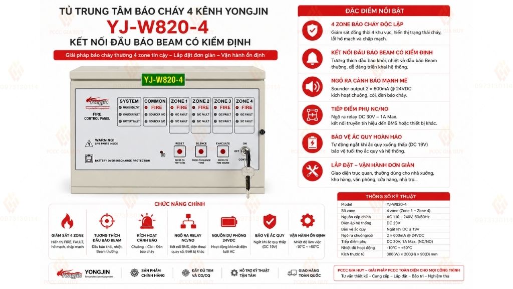đặc điểm nổi bật của Tủ trung tâm báo cháy 4 kênh Yongjin YJ-W820-4 kết nối đầu báo Beam