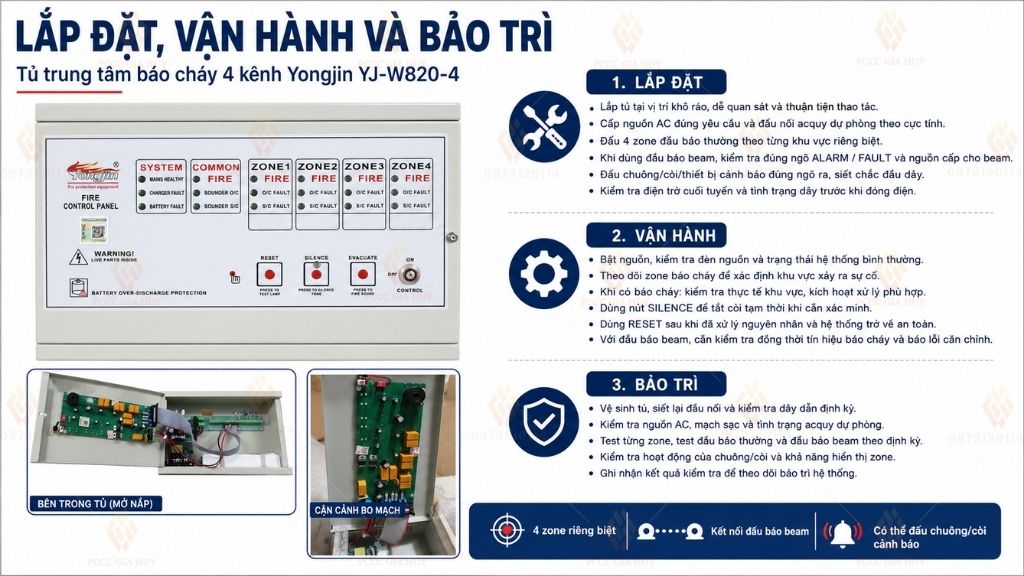 lắp đặt , vận hành , bảo trì Tủ trung tâm báo cháy 4 kênh Yongjin YJ-W820-4 kết nối đầu báo Beam