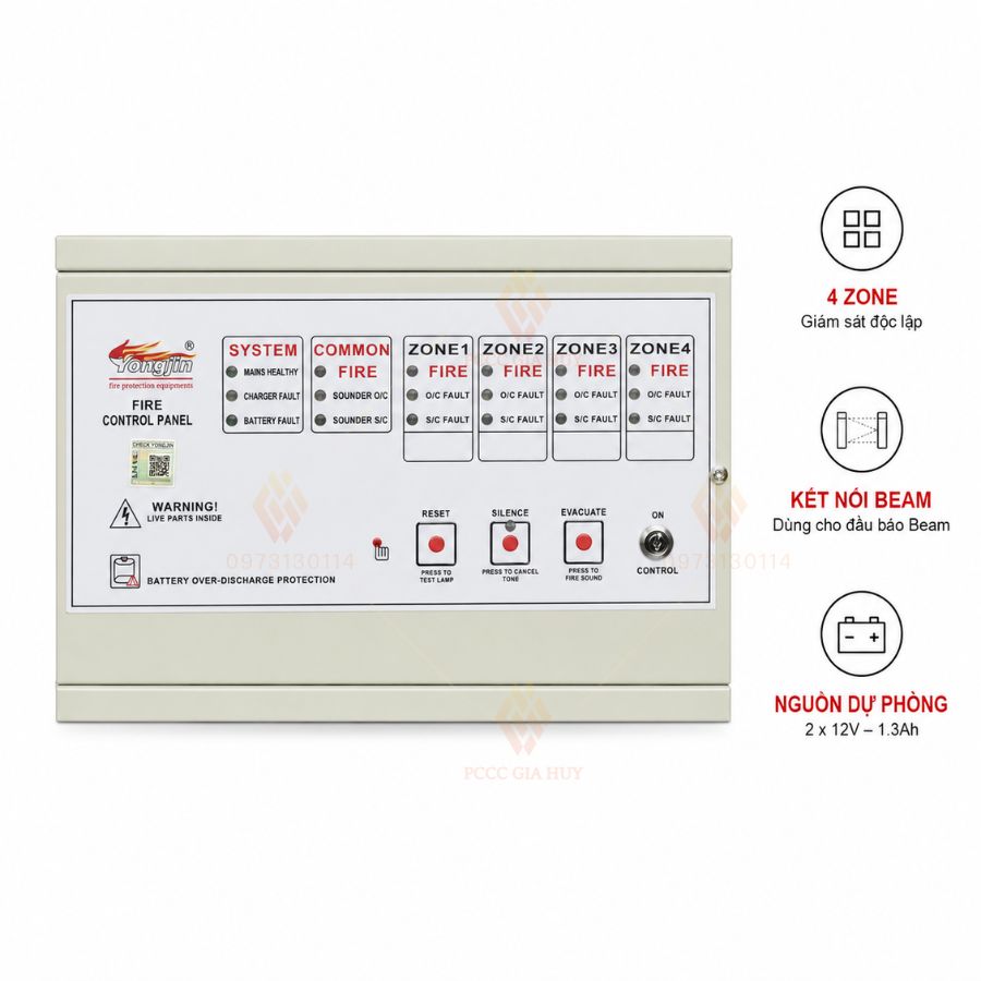 Tủ trung tâm báo cháy 4 kênh Yongjin YJ-W820-4– đầu báo Beam