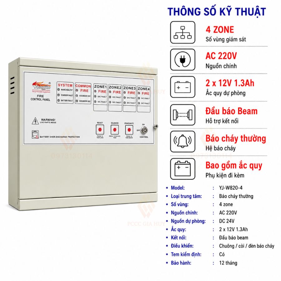 Tủ trung tâm báo cháy 4 kênh Yongjin YJ-W820-4– đầu báo Beam