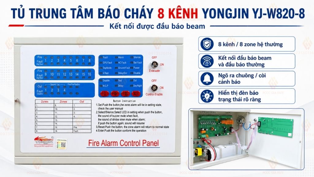Tủ trung tâm báo cháy 8 kênh Yongjin YJ-W820-8 kết nối đầu báo Beam