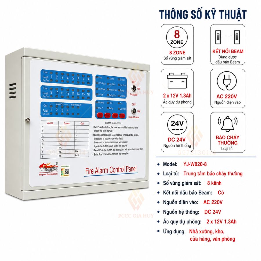 Tủ trung tâm báo cháy 8 kênh Yongjin YJ-W820-8 -Đầu báo Beam
