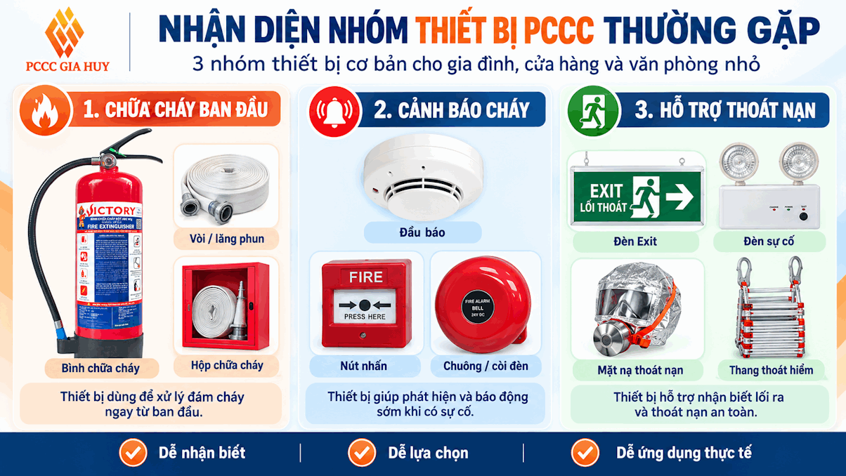 Nhận diện các nhóm thiết bị thường gặp: chữa cháy ban đầu, cảnh báo cháy và hỗ trợ thoát nạn.