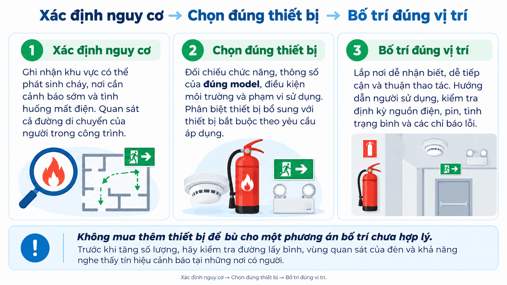 Xác định nguy cơ → Chọn đúng thiết bị → Bố trí đúng vị trí.