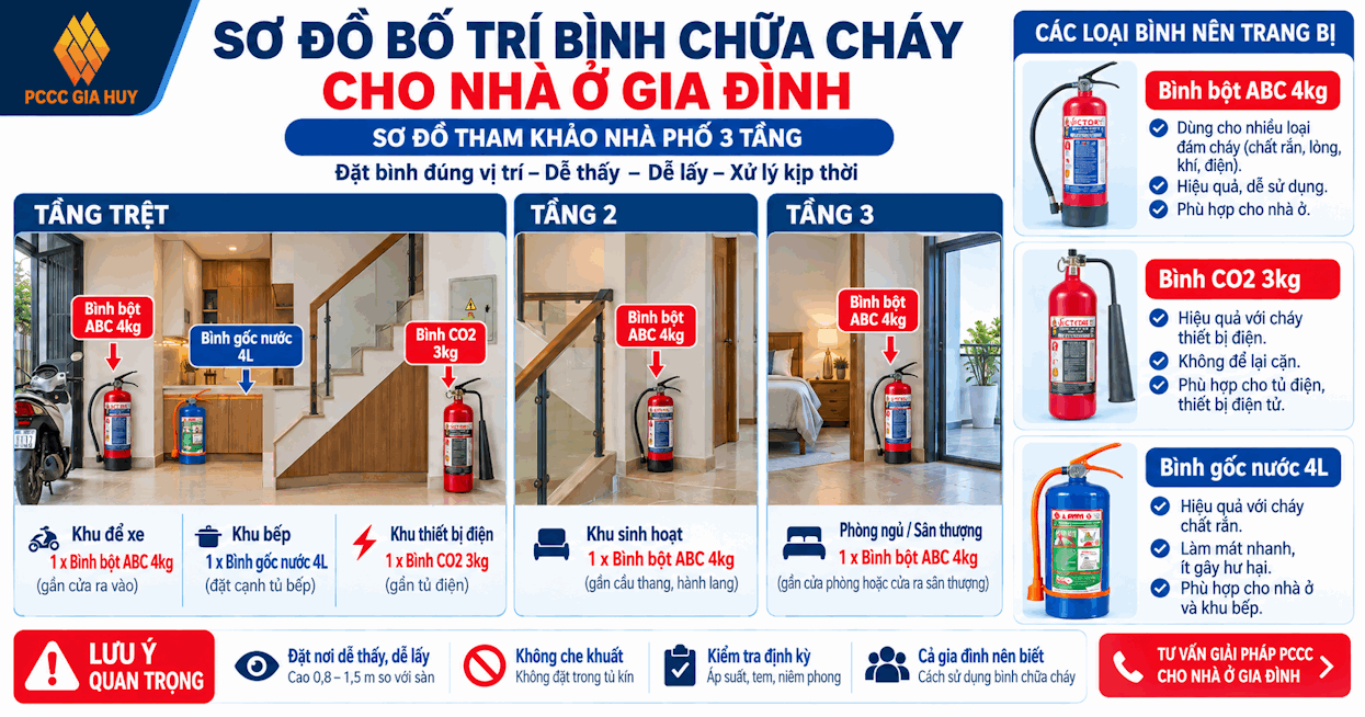 Sơ đồ bố trí bình chữa cháy cho nhà ở gia đình