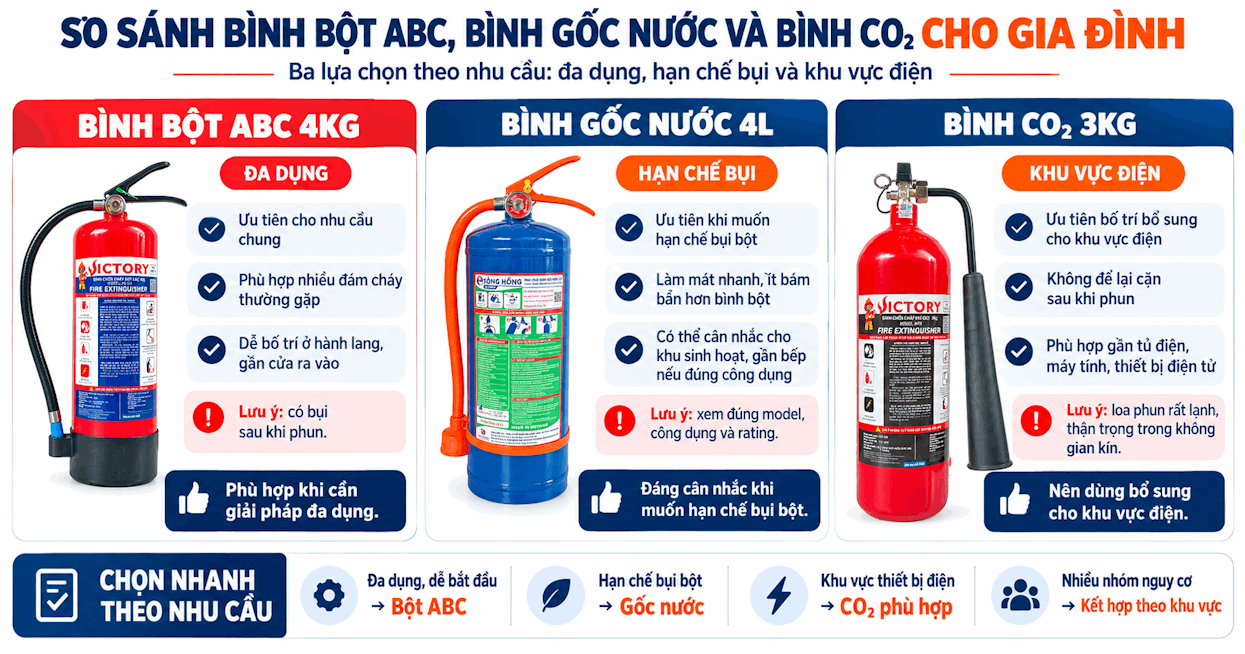 So sánh bình bột ABC bình gốc nước và bình CO2 cho gia đình