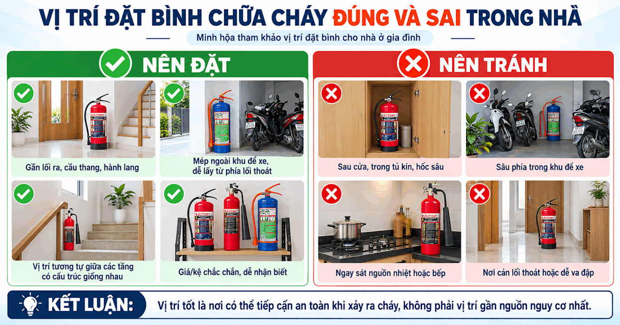 Vị trí đặt bình chữa cháy đúng và sai trong nhà