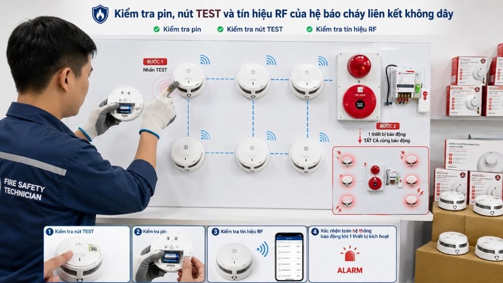 Kiểm tra bảo trì pin và tín hiệu của hệ thống báo cháy liên kết không dây