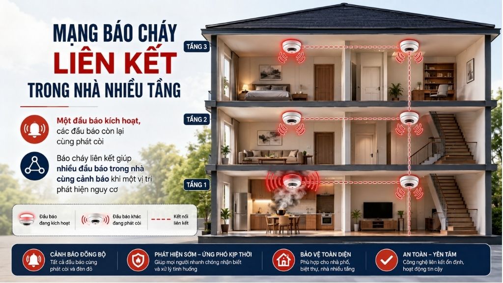 Báo cháy liên kết giúp nhiều đầu báo trong nhà cùng cảnh báo khi một vị trí phát hiện nguy cơ