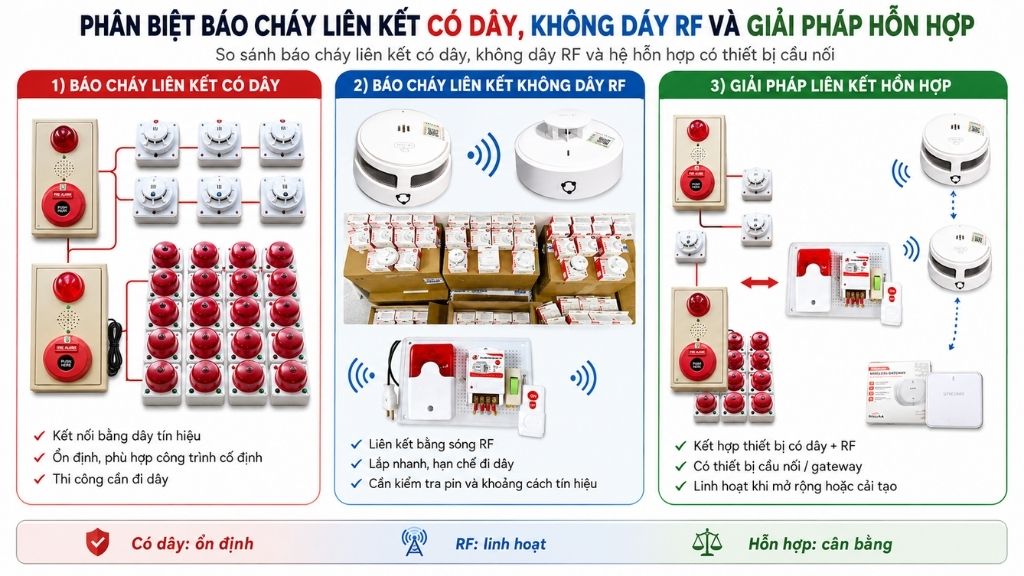 Phân biệt báo cháy liên kết có dây không dây RF và giải pháp liên kết hỗn hợp