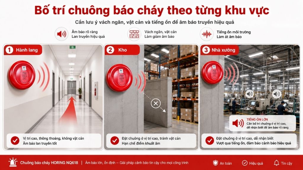 Bố trí chuông báo cháy theo mặt bằng vách ngăn và mức tiếng ồn môi trường