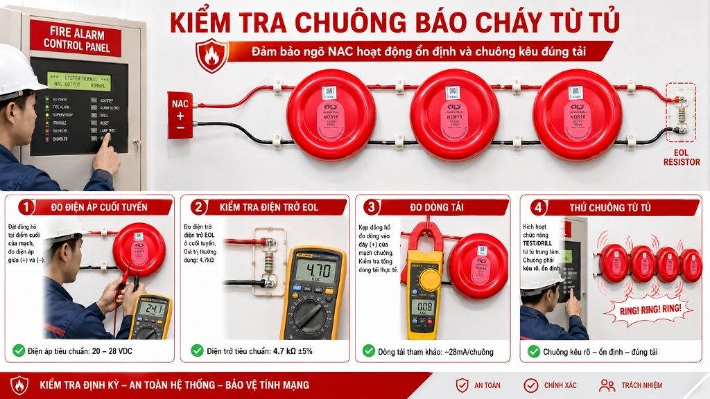 Kiểm tra điện áp dòng tải điện trở cuối tuyến và chạy thử chuông báo cháy