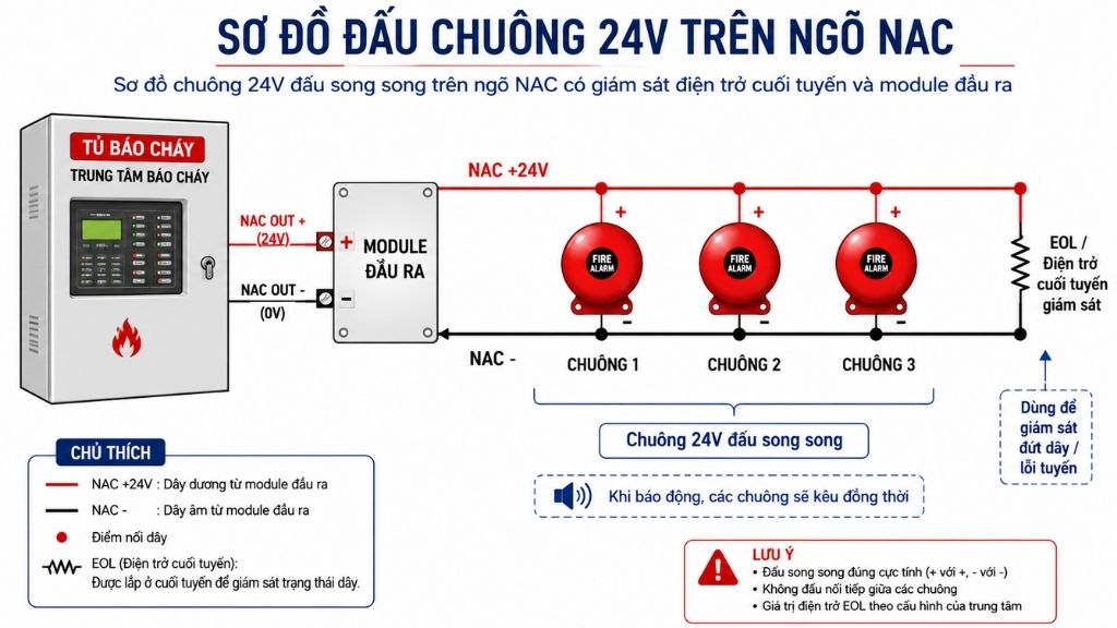 Sơ đồ chuông 24V đấu song song trên ngõ NAC có giám sát điện trở cuối tuyến và module đầu ra