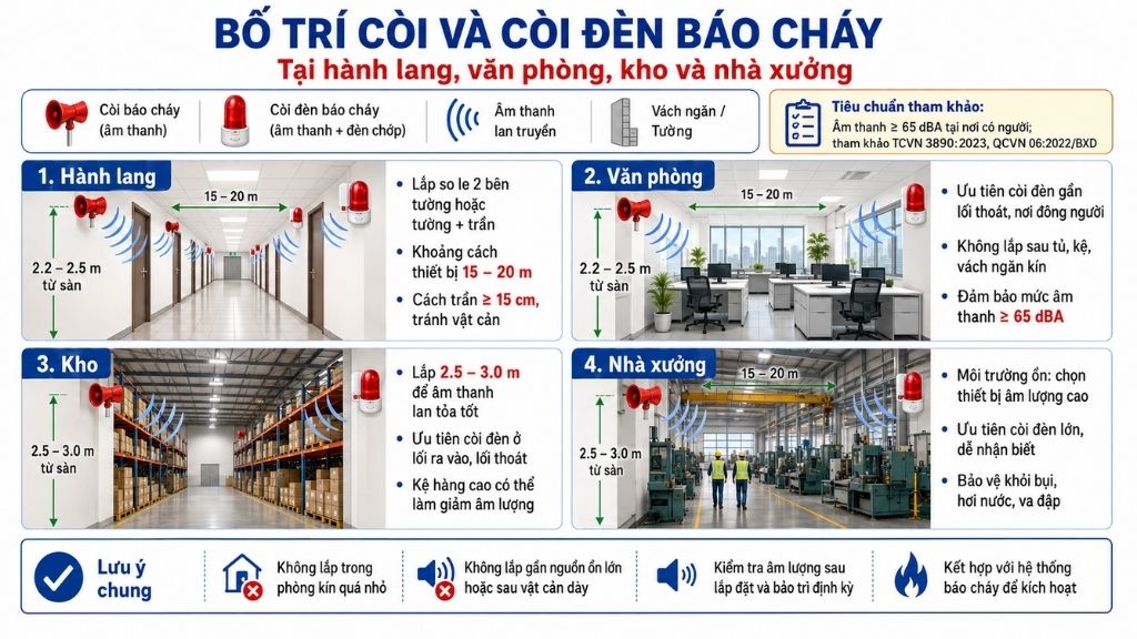 Bố trí còi báo cháy và còi đèn theo không gian và mức tiếng ồn