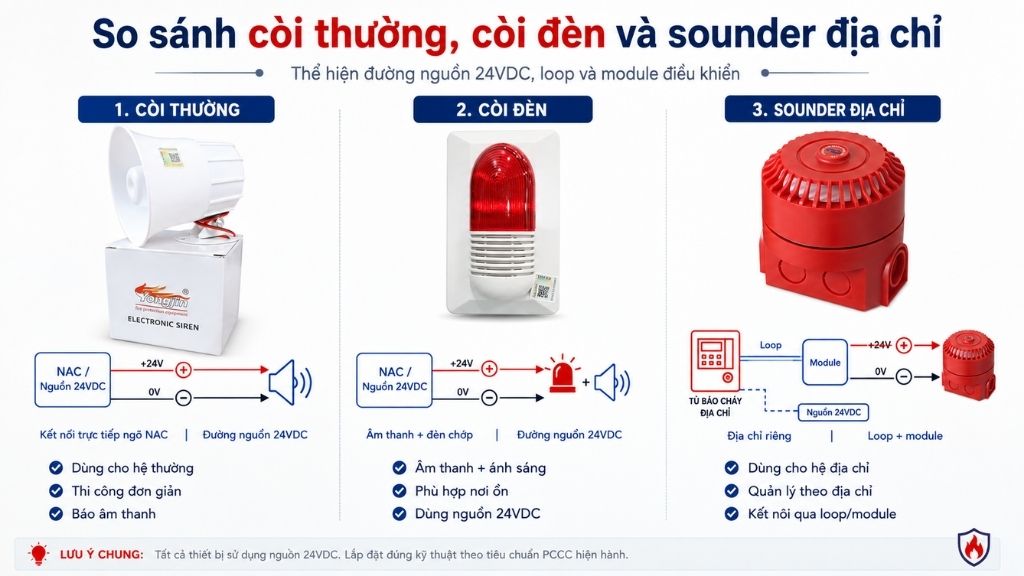 Phân biệt còi báo cháy thường còi đèn và còi báo cháy địa chỉ