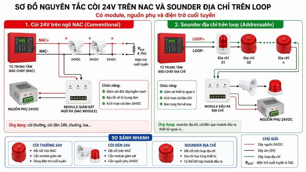 Sơ đồ đấu còi báo cháy vào NAC module và loop địa chỉ