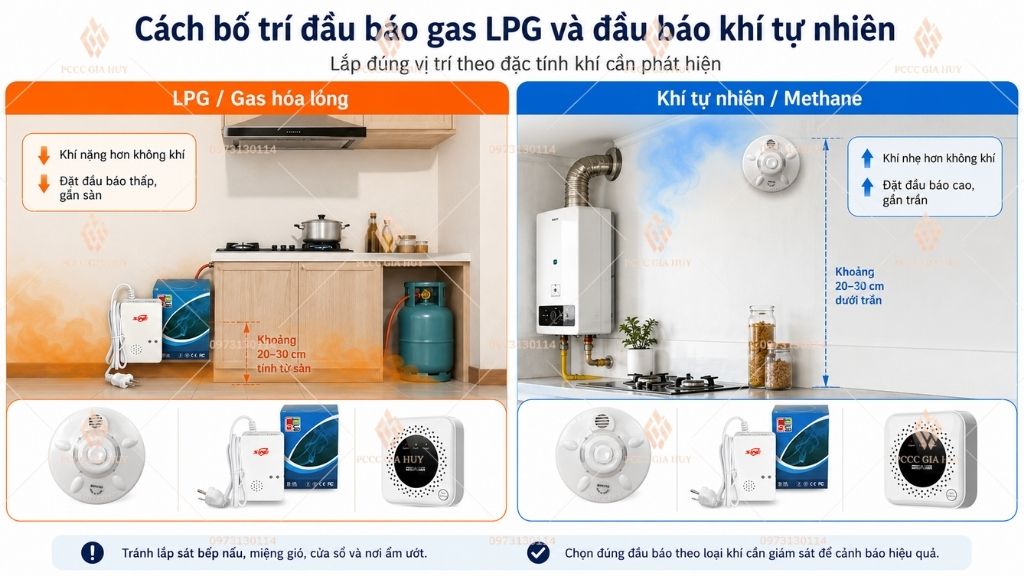 Cách bố trí đầu báo gas LPG và đầu báo khí tự nhiên theo đặc tính khí cần phát hiện