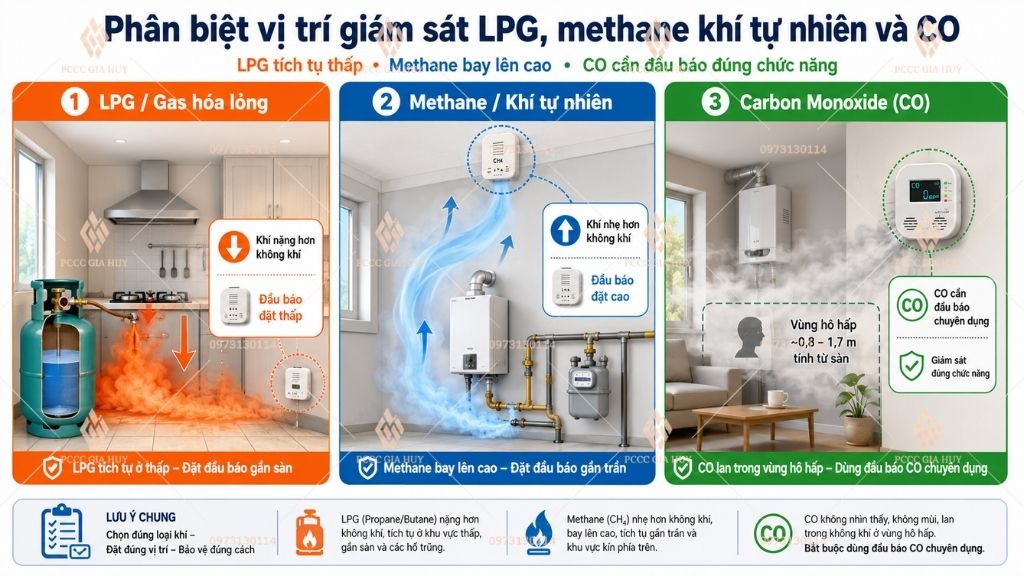 Phân biệt vị trí giám sát LPG methane khí tự nhiên và đầu báo carbon monoxide