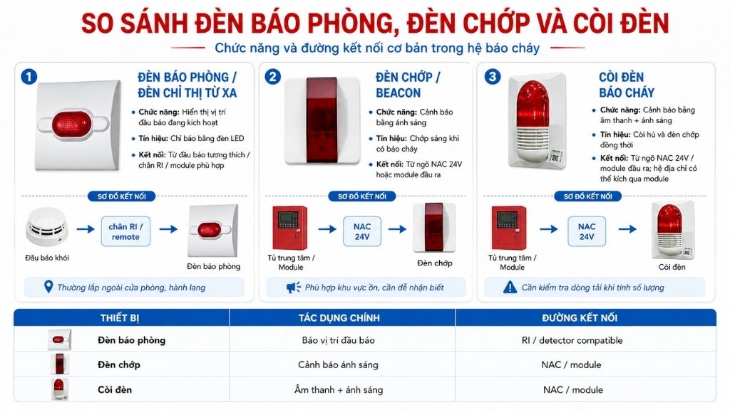 Phân biệt đèn báo phòng đèn chớp và còi đèn báo cháy