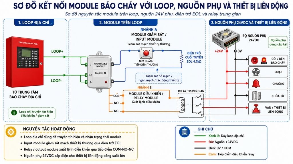Sơ đồ kết nối module báo cháy với loop nguồn phụ và thiết bị liên động