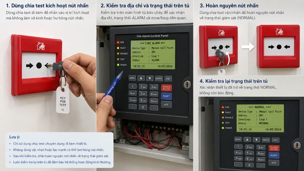 Kiểm tra chạy thử và reset nút nhấn khẩn báo cháy