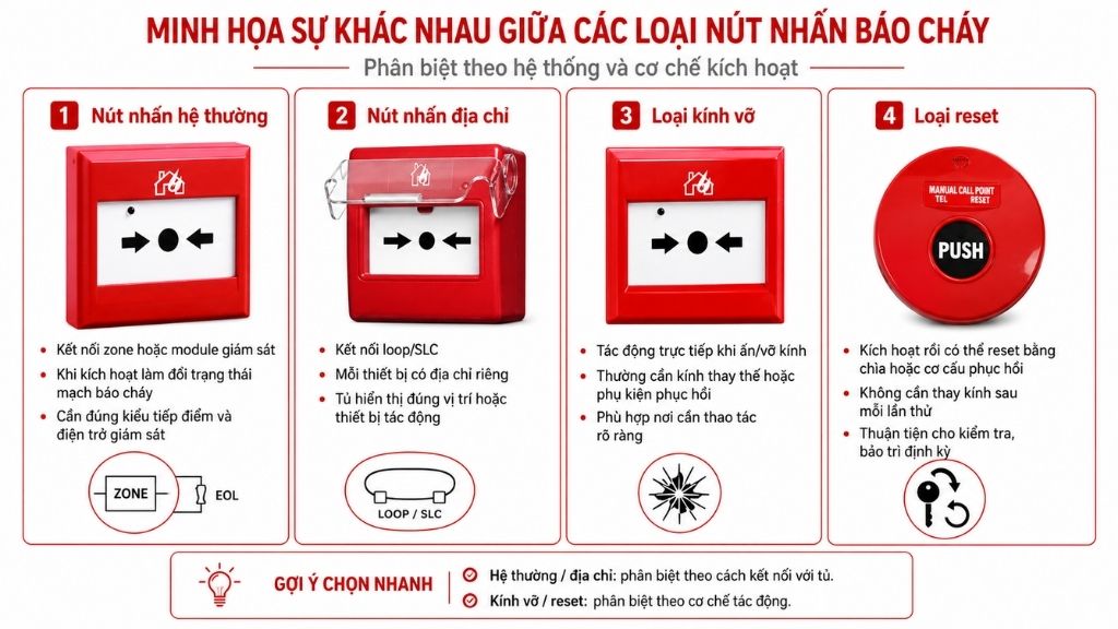 Phân biệt nút nhấn báo cháy thường địa chỉ kính vỡ và hoàn nguyên