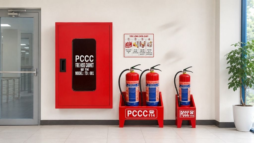 Bố trí tủ chữa cháy và kệ bình tại vị trí dễ tiếp cận