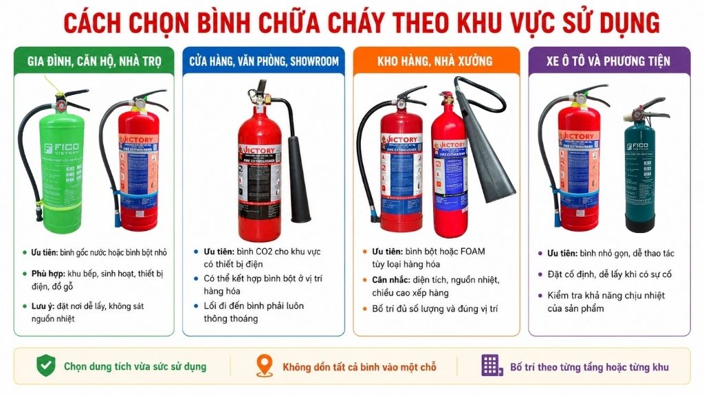 Cách chọn bình chữa cháy theo khu vực sử dụng