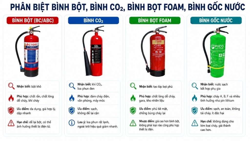 so sánh Phân biệt bình bột và bình CO₂,bình bọt FOAM,bình gốc nước
