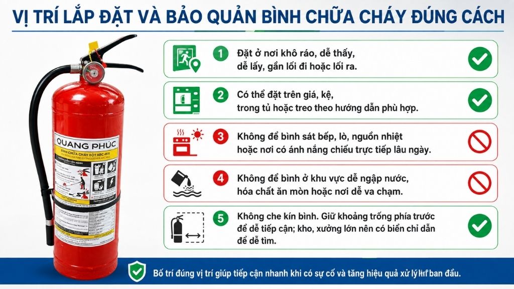 vị trí lắp đặt và bảo quản bình chữa cháy đúng cách