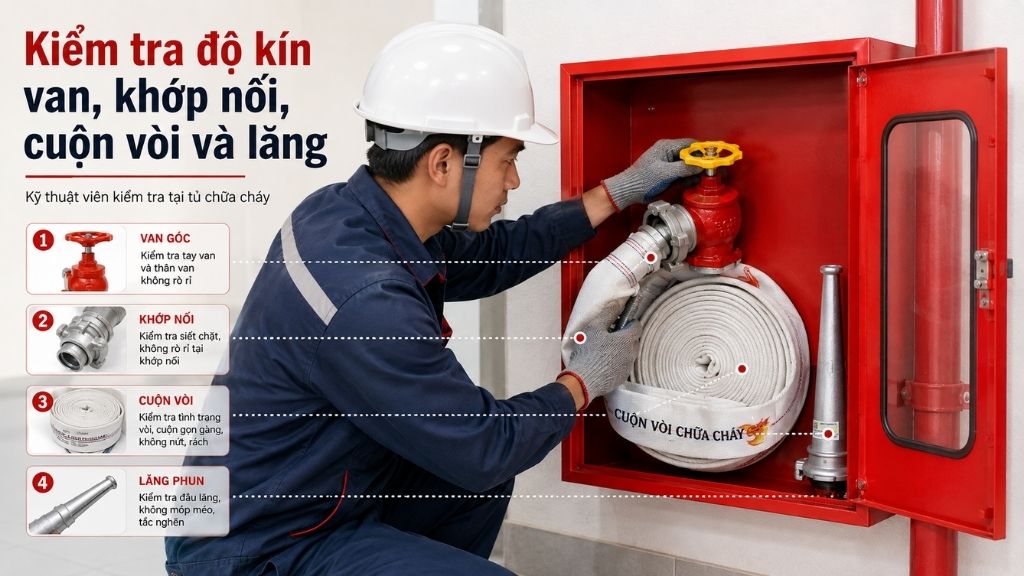 Kiểm tra lắp đặt vòi và thiết bị cấp nước chữa cháy
