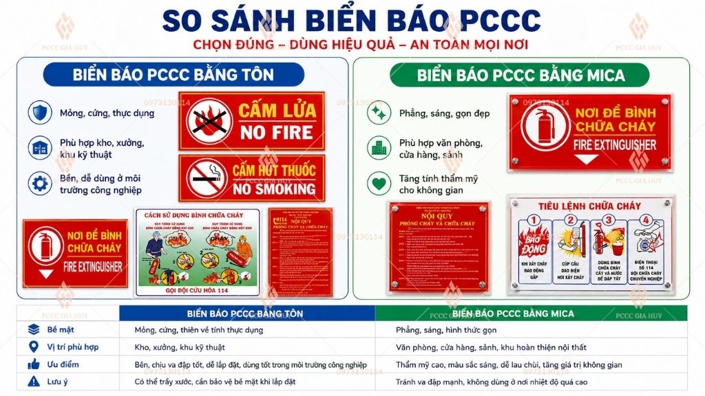 so sánh biển báo pccc bằng tôn và mica