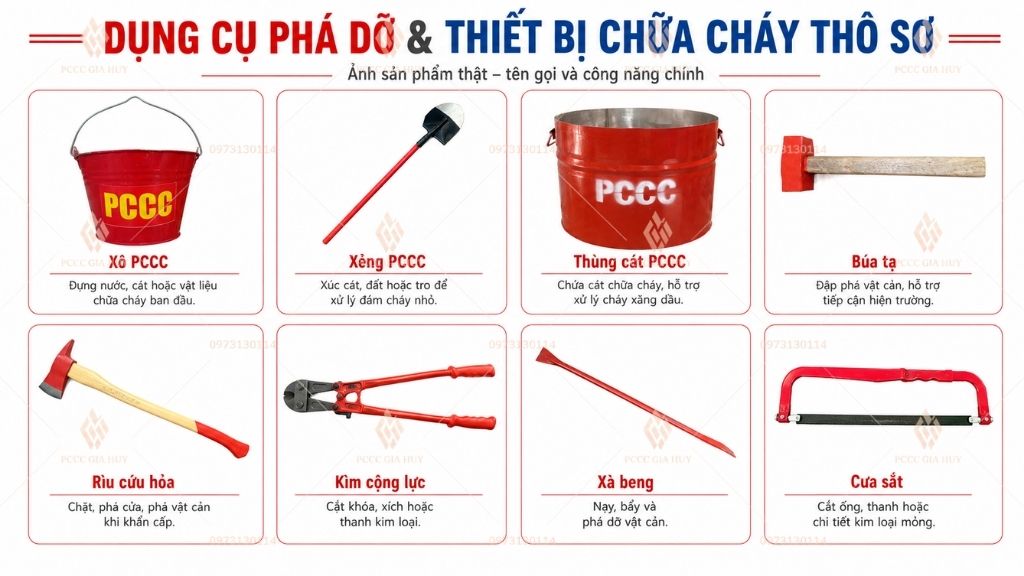 Công năng từng thiết bị của dụng cụ phá dỡ và thiết bị chữa cháy thô sơ