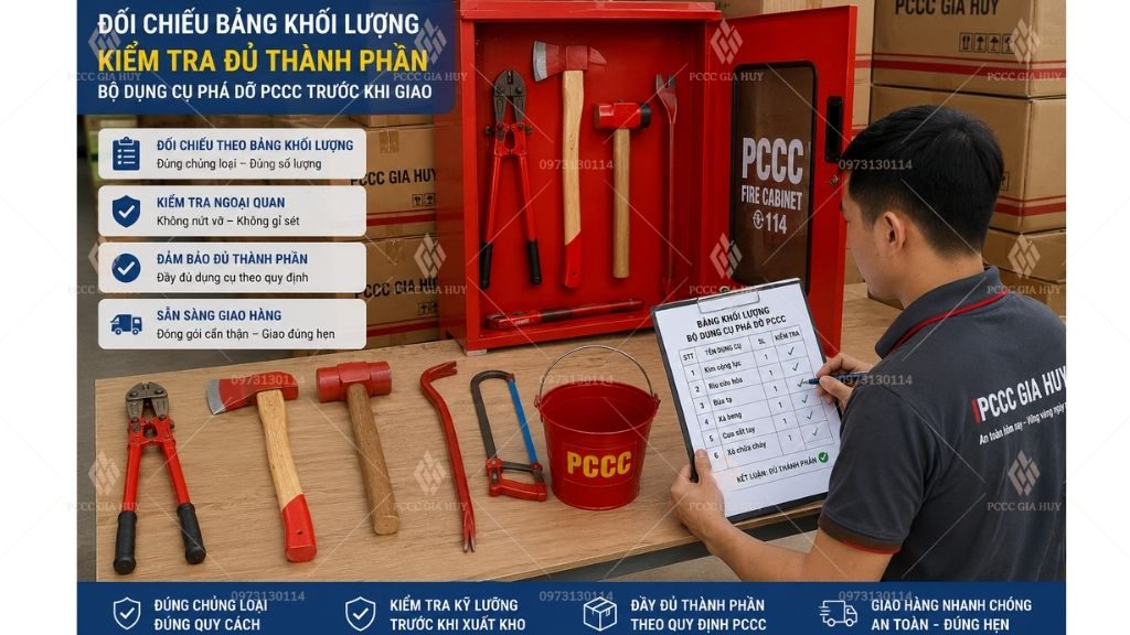 Kiểm tra đủ thành phần bộ dụng cụ phá dỡ PCCC trước khi giao