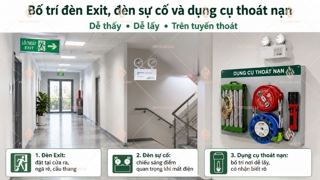 Bố trí đèn Exit đèn sự cố và dụng cụ thoát nạn dễ thấy dễ lấy trên tuyến thoát