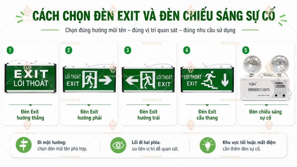 Cách chọn đèn Exit một mặt hai mặt hướng trái phải thẳng và đèn chiếu sáng sự cố