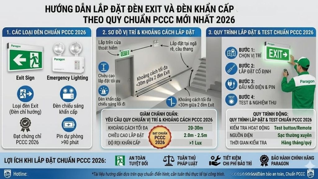 bố trí đèn Exit và đèn sự cố trong một hành lang thực tế